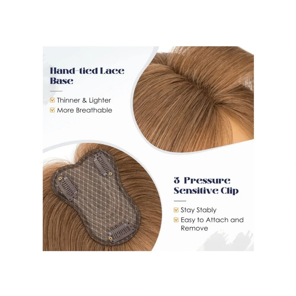 Real Human Hair Topper 10 Inch Light Brown‎ Remy Hairpiece Lace Base Bangs Light